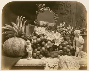 Stillleben mit Früchten, Spiegel und Figuren, 1860